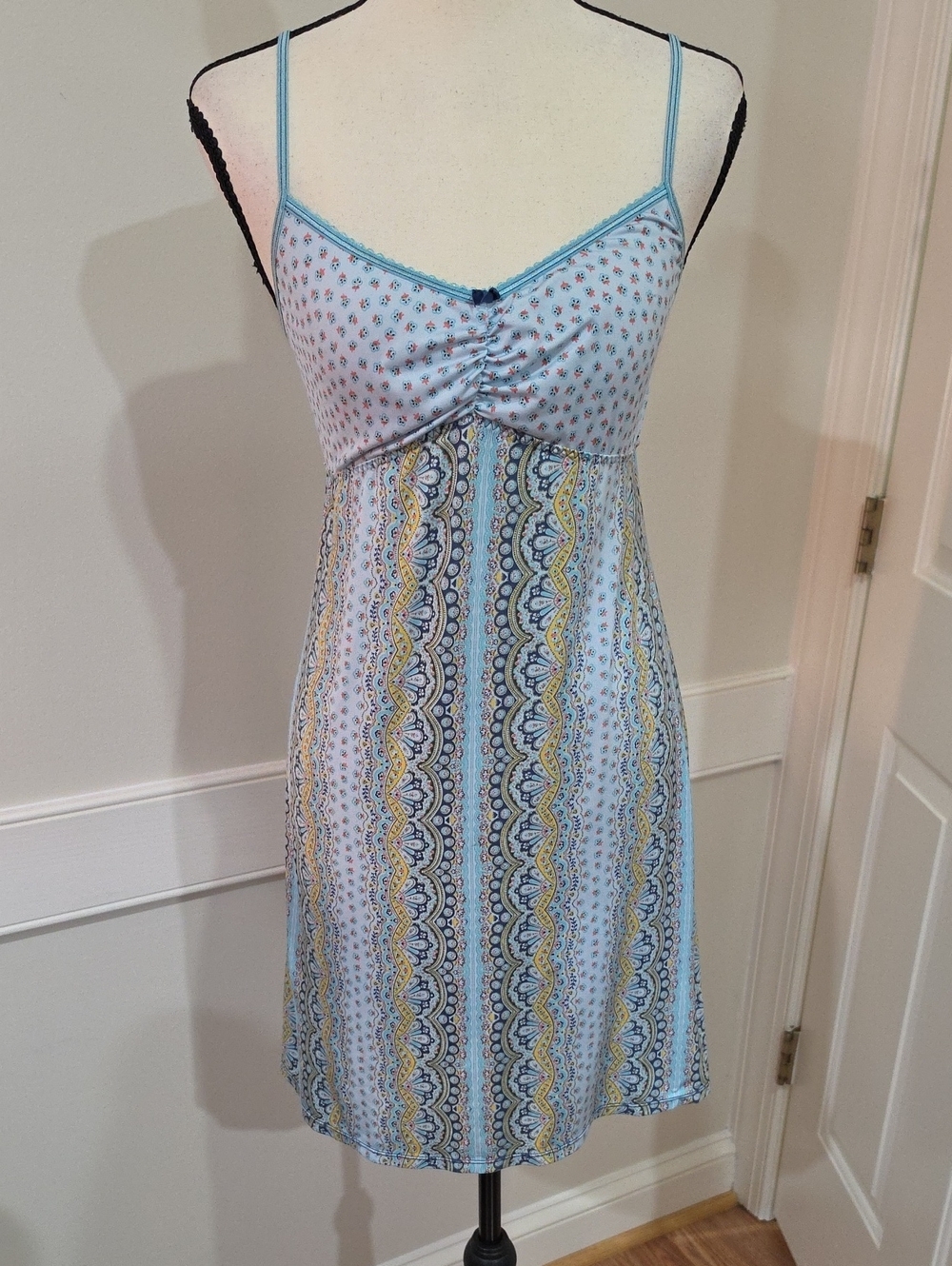 DKNY Mixed -Print Empire-Waist Light Blue Chemise Nightgown - M